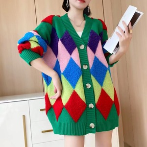 GX89025 nueva ropa <span class=keywords><strong>de</strong></span> calle Otoño Invierno chaqueta <span class=keywords><strong>de</strong></span> <span class=keywords><strong>mujer</strong></span> <span class=keywords><strong>de</strong></span> gran tamaño abrigo rombo Color bloqueo manga larga único elegante suéter <span class=keywords><strong>de</strong></span> punto - Product Image 4