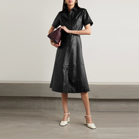 Damen Herbst/Winter/Frühling/Sommer Gewebtes Leder-Polokragen Kurzarm Midi-Hemdkleid mit Kordelzug