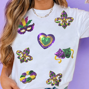 Abito estivo viola <span class=keywords><strong>oro</strong></span> verde paillettes Mardi Gras loghi magliette da <span class=keywords><strong>donna</strong></span> oversize Mardi Gras Face paillettes magliette da <span class=keywords><strong>donna</strong></span> - Product Image 1