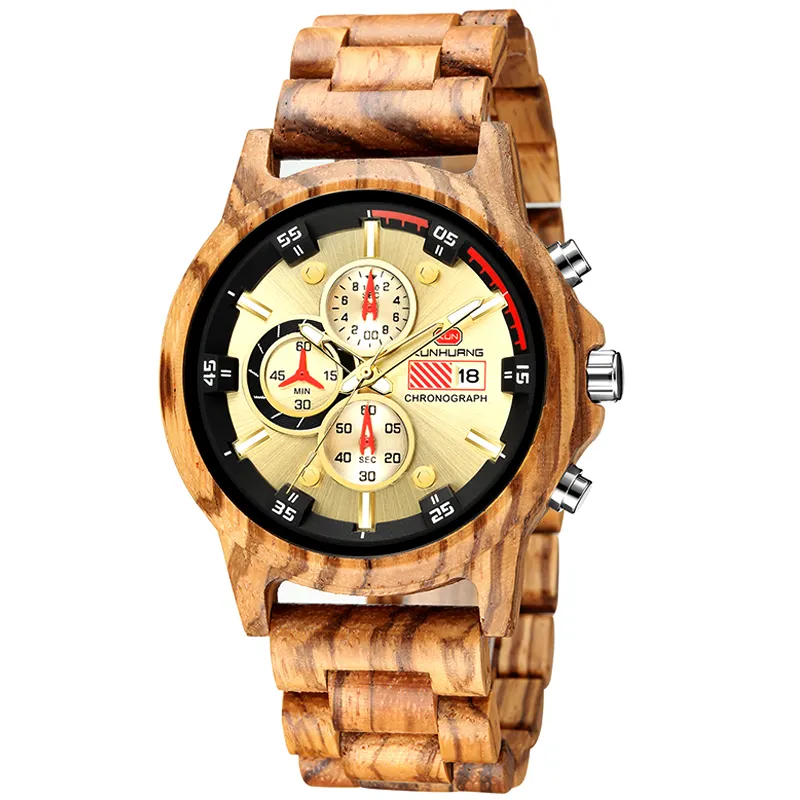 KUNHUANG 1010 Zebra Wooden Watches Custom Logo Timepieces Luxury Men Chronograph Wood Watch
