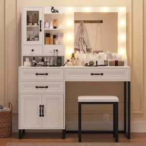 Vanity Desk with Lighted Mirror &amp;Bench, Glass Top Makeup Vanity Set with Drawers