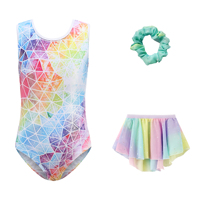 Ensemble de justaucorps de gymnastique géométrique arc-en-ciel pour filles B51, jupe en tulle scintillante, chouchou pour cheveux, tenue de danse et de gymnastique pour enfants