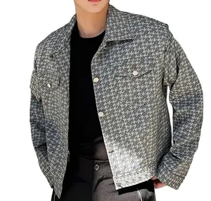 Jaket kotak-kotak gaya Korea pria, atasan kaus kasual ramping tipis modis musim gugur 2024