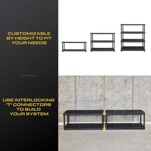 Black and yellow four-tier heavy-duty <b>plastic</b> storage rack ideal for garage tool storage with a modular design - Product Image 4