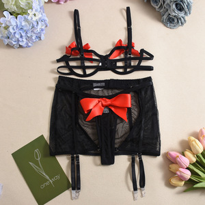 Nouveau nœud Sexy Lingerie Collision couleur poitrine exposée transparent tentation maille string jarretière femmes sous-vêtements 4 pièces ensemble - Product Image 6