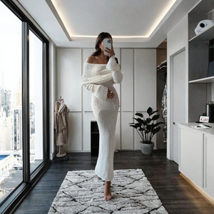 <span class=keywords><strong>Robe</strong></span> <span class=keywords><strong>longue</strong></span> en maille ajourée à épaules dénudées pour femme, sexy, unie, taille empire, manches longues, idéale pour les fêtes de vacances et la plage, longueur ras du sol - Product Image 3