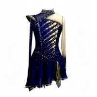 Costume de patinage artistique bleu marine et or, col montant, manches longues en maille, dos ouvert, jupe à strass pour filles et enfants, danse sur glace