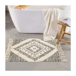 Moroccan Printed Cotton Woven Tufted Bath Mat With Tassels Machine Washable Fringe Accent Throw Rug Doormats Kitchen Rug