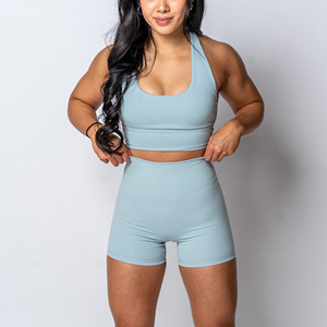 Tenues de yoga avec logo personnalisé de haute qualité soutien-gorge de <span class=keywords><strong>sport</strong></span> avec dos croisé et shorts de gymnastique pour la course ensemble de shorts 2 pièces pour femmes - Product Image 3
