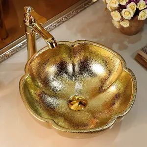 Lavamanos Modernos Elegante Badezimmer-Arbeits platte Vanity Ceramic Gold Electro plate Flower Wash Basin Sink
