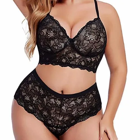 Plus Size Lingerie Set for Women High Waist Lace Bra and Panty Set Strap Bralette Babydoll Bodysuit