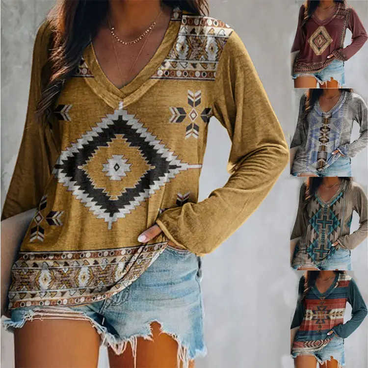 Western Zomer Casual Retro Geometrische Dames Aztec Print Tops V Hals Lange Mouw Vintage T-Shirt