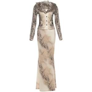 Ensemble jupe longue taille haute et haut boutonné à col en fourrure pour femme, style moulant et sexy, tenue de club, collection 2026 - Product Image 2