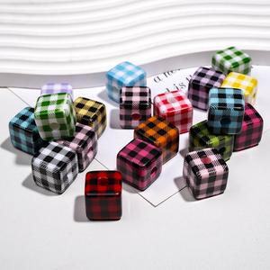 Checkered Cube Acrylic Beads Straight Hole Loose Spacer DIY Beadable <b>Pens</b> Phone Charms Keychains Wholesale Bulk - Product Image 1