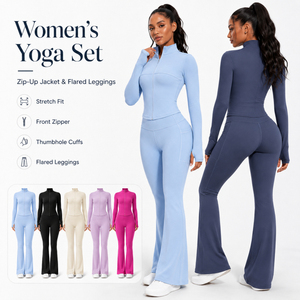 Ensemble de yoga 2 pièces pour femme ultra-extensible : veste zippée et leggings évasés, coupe ajustée, vêtements de sport avec trous pour les pouces - Product Image 1