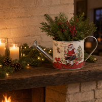 Kantong Santa Natal Nostalgia Motif Beruang Teddy dan Kotak-kotak Tartan, Pot Bunga Logam, Dekorasi Meja Tahan Lama untuk Rumah dan Taman