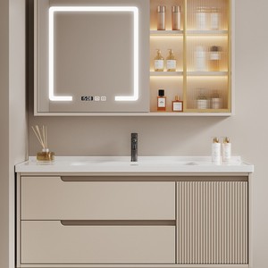 Mueble de Baño Moderno Minimalista con Espejo Inteligente Iluminado, Lavabo de Cerámica de una Pieza Color Crema, Gabinete de Almacenamiento - Product Image 1