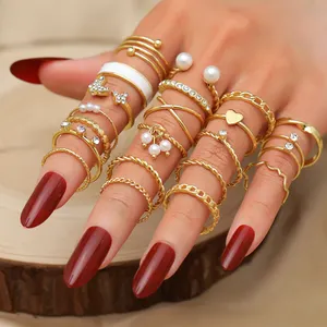 新款时尚22pcs几何金色爱心Peal戒指套装女性饰品套装油滴蝴蝶戒指