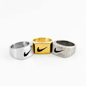 Customized Retro Style Titanium Steel Engraved Square Men Hip Hop Swoosh stainless steel Tick Ring