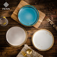 Assiettes à dîner en céramique de luxe FENN avec logo personnalisé, bord doré, assiette en porcelaine, assiettes en céramique mouchetées, vaisselle pour restaurant