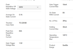 Componentes Electrónicos TAIYAN TO-220-3 S6008RTP Tiristores de 3 Pines, Temperatura Máxima de Funcionamiento 125°C, Corriente Máxima de Sobretensión 83A - Product Image 6