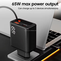 Chargeur rapide USB Type C 65W avec prise EU US UK, câble Type-C rétractable intégré, chargeur mural USB-C PD portable 65W