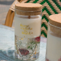 Bougie de cire de gel de gelée double couche en verre rond de luxe fleur séchée couvercle en liège fleur séchée pot de gelée parfumé bougies en verre