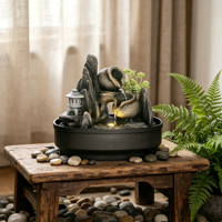Fontaine de table en céramique Zen avec lanterne en pierre et plante succulente pour la décoration de bureau à domicile, cadeau de relaxation intérieur