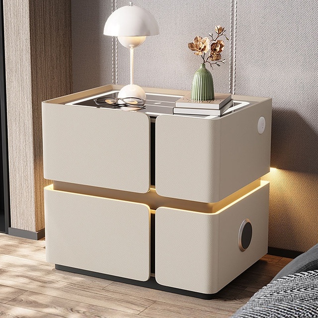 Upholstered Smart Nightstand With Wireless Charging LED Floating Base Built in Speaker Modern Cube Bedside Table