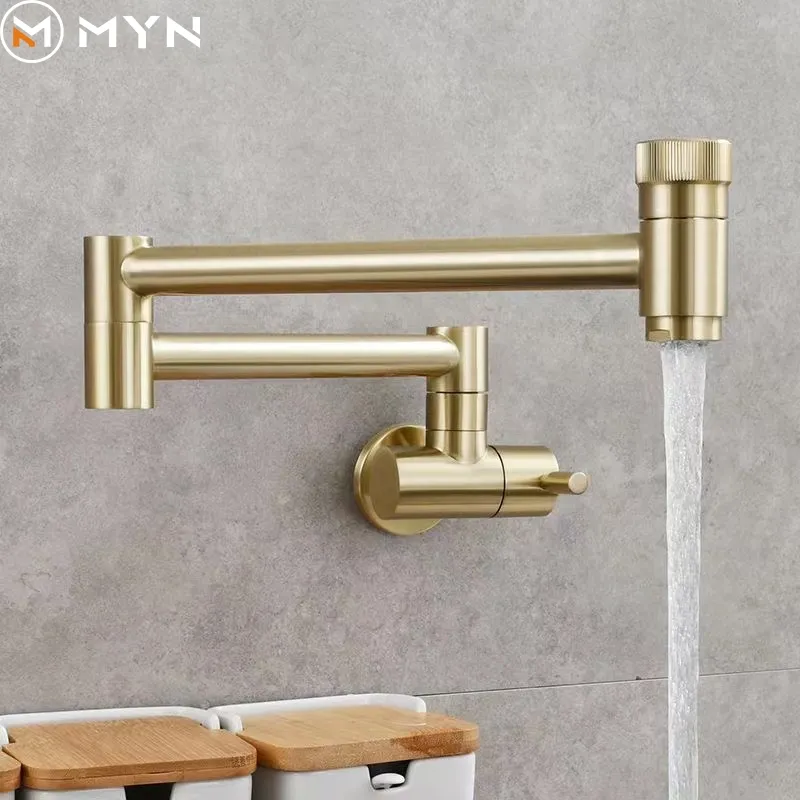 Meiyani American Style Modern Gold Brass Fold Tap Wall Mount Pot Filler Water Brushed Gold Kitchen Faucet