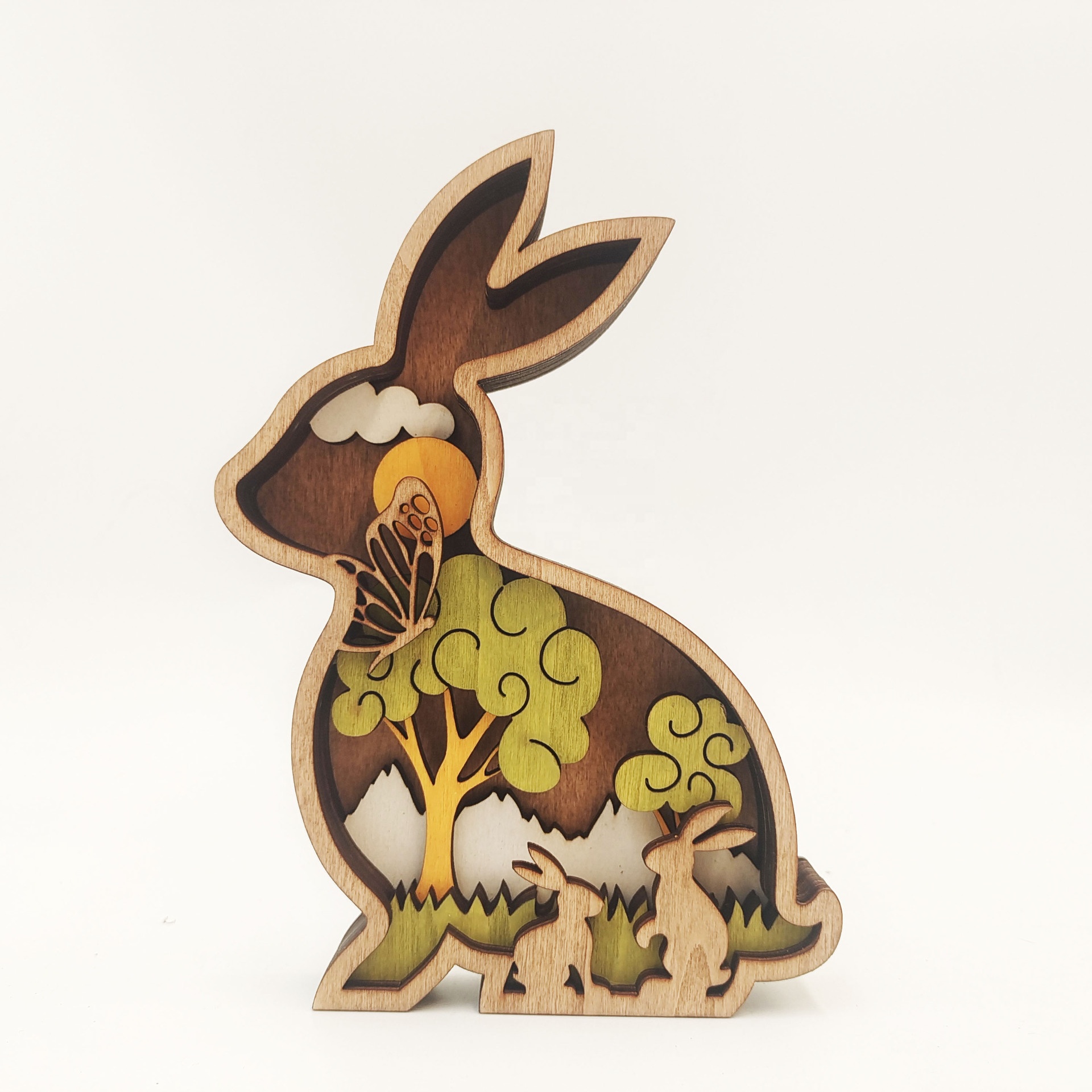 Nouveau Offre Spéciale bois artisanat lapin de pâques dinde fleur oiseau décoration de la maison ornements bois artisanat avec lumière