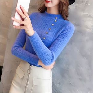 Pull en velours imitation vison K102 pour femme, col montant, couleur unie, tricoté, chaud, coupe ajustée, boutonné, collection printemps - Product Image 4