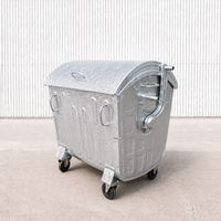 Conteneur à déchets métallique galvanisé à chaud de 1100 litres avec couvercle en acier et 4 roulettes pivotantes, 2 avec freins, pour la collecte des déchets municipaux