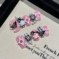 Faux ongles courts à presser, motif cœur de démon mignon et effrayant, Halloween, 10 pièces, noir et rose, style gothique, avec adhésif