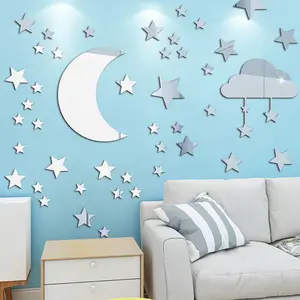 Self Adhesive DIY Home Decoration for Kids Room Custom Cartoon Cloud and Moon Stars Acrylic Mirror Tiles Wall Sticker Art Decals