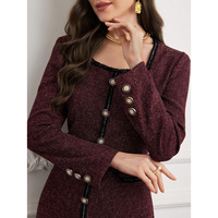 Fabricant OEM ODM sur mesure, robe maxi en tweed bordeaux pour femmes, col carré, manches longues, bordure tressée, soirée, hiver, commandes en gros