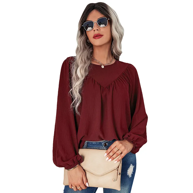 Fashionable design 2022 new styles top seller women long sleeve texture ruffled loose blouse top for fall