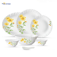 Service de table en verre opale 33 pièces, motif floral marguerite jaune, bord ondulé, assiettes, bols, cuillères, kit pour la famille, repas quotidiens, fêtes