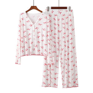 PJ-055 Conjunto de pantalones de manga larga de modal acanalado para mujer, cárdigan con cuello en V, ropa para el hogar, rosa, blanco - Product Image 2