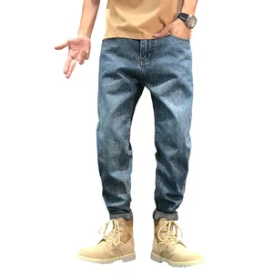 Men's Fashion Trousers Oversized Blue Straight Cut Cargo Denim Joggers Mid-Waist Sustainable Feature Solid Pattern Light Wash