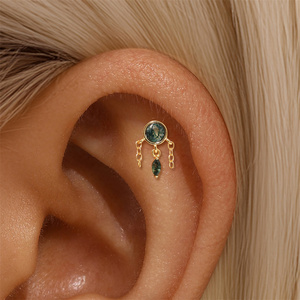 Boucles d'oreilles en argent sterling 925 et or 18 carats avec agate mousse, clous à dos plat, taille baguette, taille marquise, pour piercing cartilage et hélix - Product Image 3
