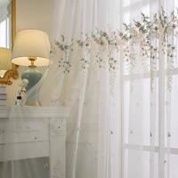 Rideaux en polyester translucide brodés de fleurs de style américain, motif fleurs marines, blanc semi-occultant, fixation murale plate