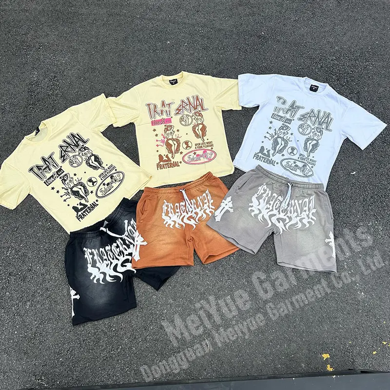 MeiY Custom Streetwear Camisetas Dtg Impressão Algodão Calções Esportivos T-Shirts 2 Peças Set Jogging Ternos Basquete Shorts Set Para Homens