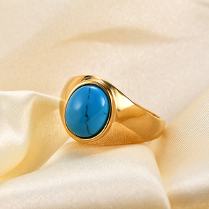 Bagues de mode 10 mm en acier inoxydable plaqué or 18 carats avec turquoise ovale sertie clos, style vintage, bijoux cadeau - Product Image 1