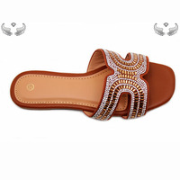 Sandales pour femmes à bout ouvert avec strass, tongs antidérapantes, pantoufles d'été tendance, chaussures plates pour femmes