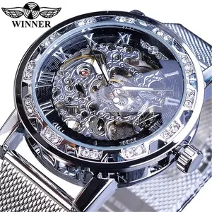 Luxury Mechanical Watch Transparent Luminous Gear Movement Mesh Strap Royal Design Male Gold Glass Men Fashion Watches Round