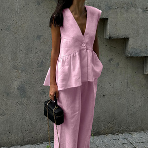 Women's 2 Piece Linen Outfit Sleeveless V Neck Peplum Top & Wide Leg <b>Pants</b> Set Casual <b>Summer</b> Tracksuit - Product Image 1