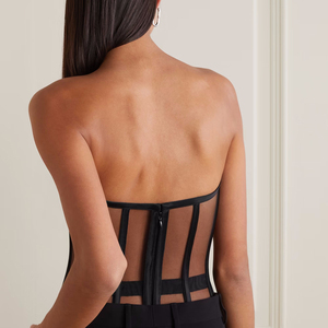 Corsetto disossato a rete forte da donna nero <span class=keywords><strong>senza</strong></span> <span class=keywords><strong>spalline</strong></span> top <span class=keywords><strong>bustier</strong></span> in crepe e tulle con rifiniture in raso - Product Image 3
