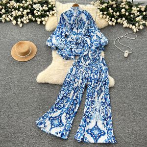 Mùa Thu Cộng Với Kích Thước Của Phụ Nữ Retro In Cung Đèn Lồng Tay Áo Cao Eo Lỏng Rộng Chân Quần Dài Tops Giản Dị Thiết Kế Kỹ Thuật Số - Product Image 3