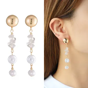 Long Tassel Stud Earrings KJ Fashion Jewelry 18K Gold Plated Baroque Pearl Drop Earrings For Women